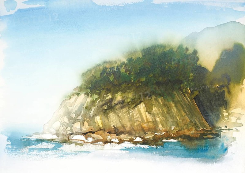 Watercolor painting showing a coastal landscape in Tuscany at summer time