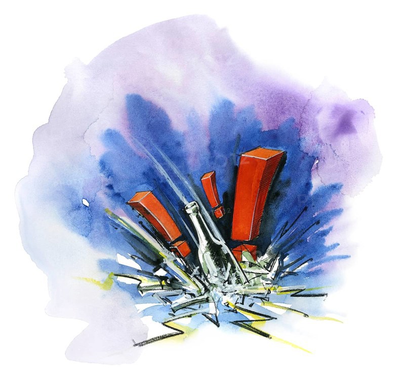 Watercolor and crayon illustration of glass breakage