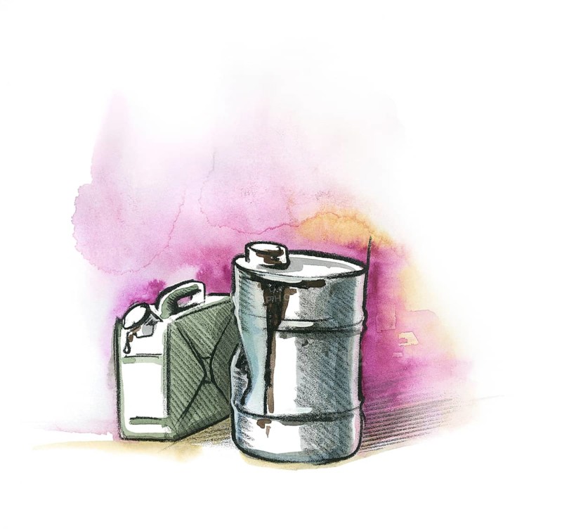 Watercolor and crayon illustration of a waste oil canister and barrel