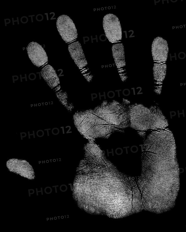 A white handprint of a right hand in black back