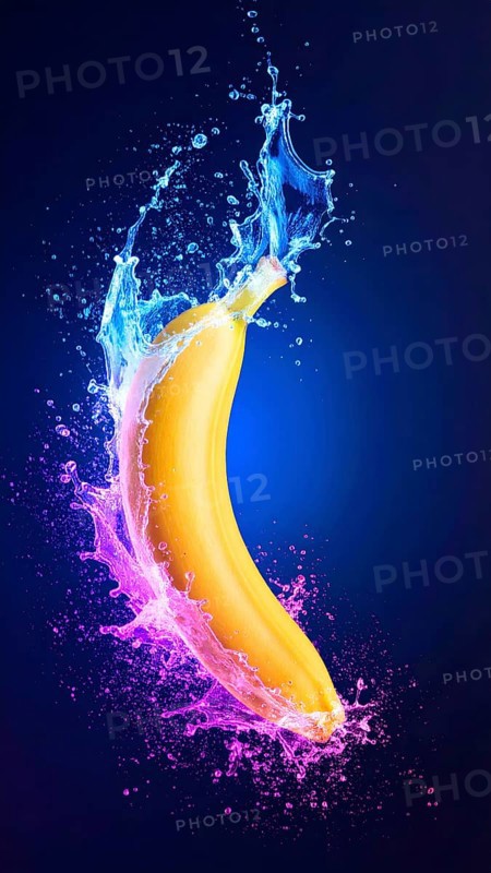 Banana fruit in flashy ambiance. AI illustration with colorful light effects and liquid splashes, AI generated