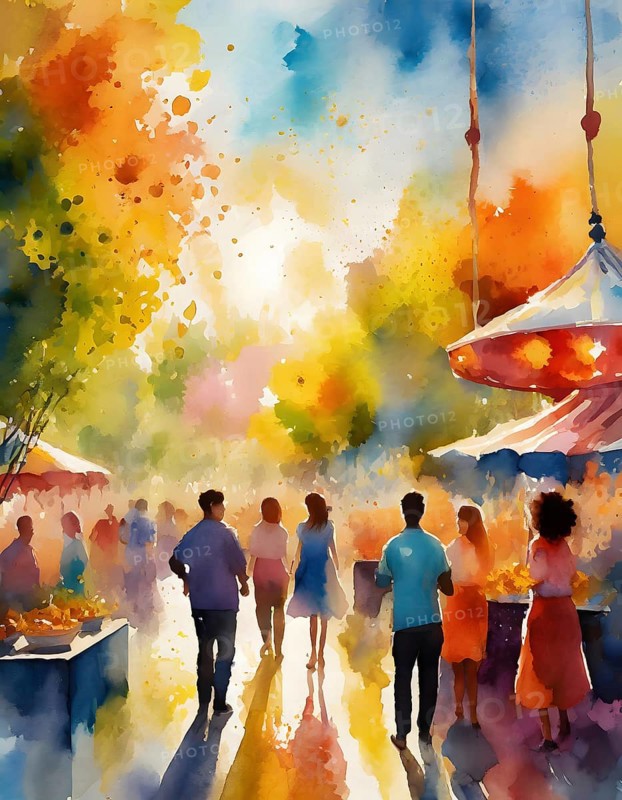 AI generated lifestyle theme showing an urban street party scenery with lots of people in multicolored vibrant watercolor ambiance