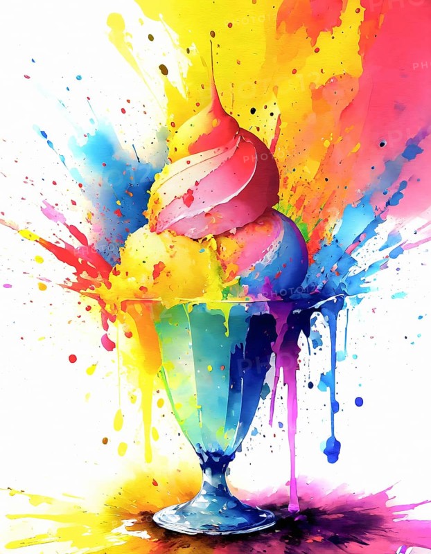 Sweet consumption theme showing a bowl of ice cream in multicolored vibrant splashy ambiance. AI generated image with lots of paint splashes, splatter and spots