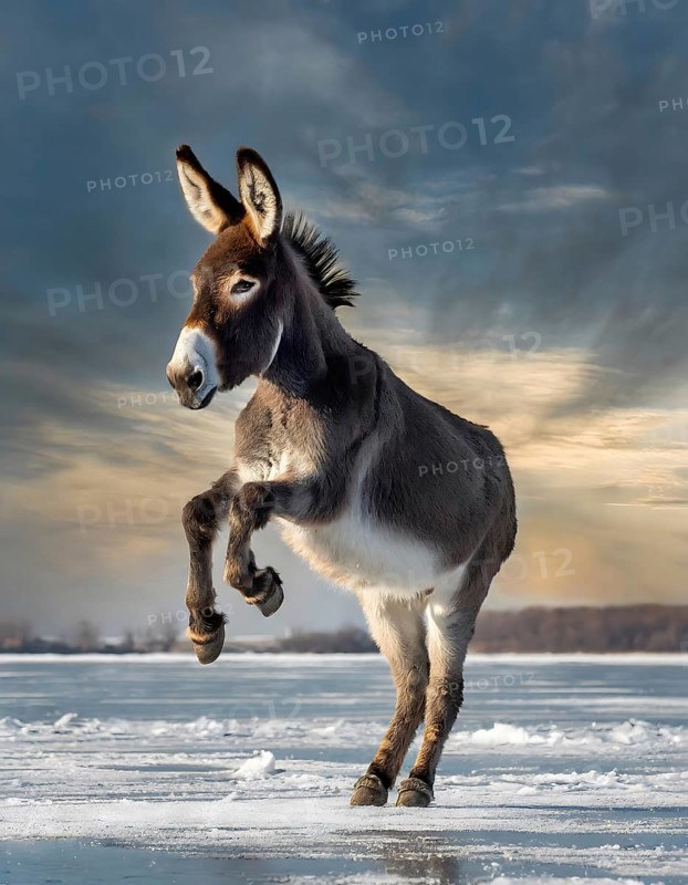 Donkey on ice in sunny ambiance, based on the proverb When the donkey is feeling too good, it goes dancing on ice regarding high spirits, AI generated