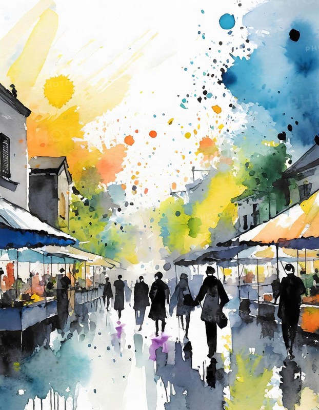 AI generated lifestyle theme showing an urban street market scenery with lots of people in multicolored vibrant watercolor ambiance