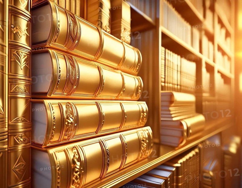 AI generated image showing some stacked golden books and others in golden ambiance