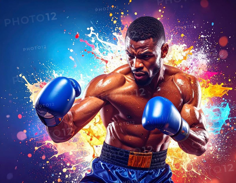 Boxer in flashy ambiance. AI illustration with colorful light effects and fiery liquid splashes, AI generated