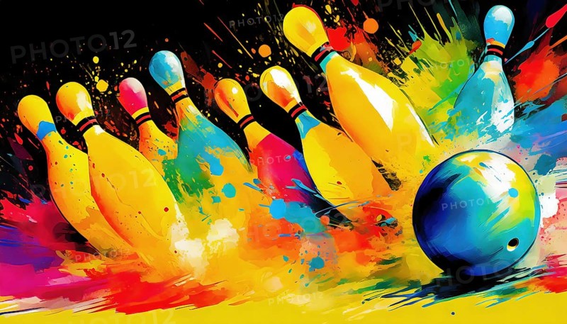 Bowling theme showing a bowling ball and some pins in multicolored vibrant splashy ambiance. AI generated image with lots of paint splashes, splatter and spots in dark back