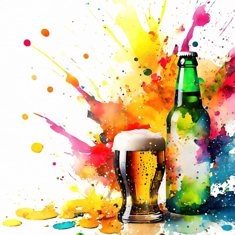 Consumption theme showing a beer glass and bottle in multicolored vibrant splashy ambiance. AI generated image with lots of paint splashes, splatter and spots