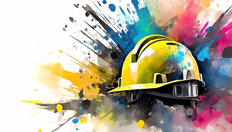Construction theme showing a yellow hard hat in multicolored vibrant splashy ambiance. AI generated image with lots of paint splashes, splatter and spots