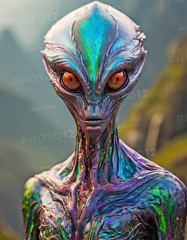 AI generated image showing the portrait of a iridescent alien creature in blurry back