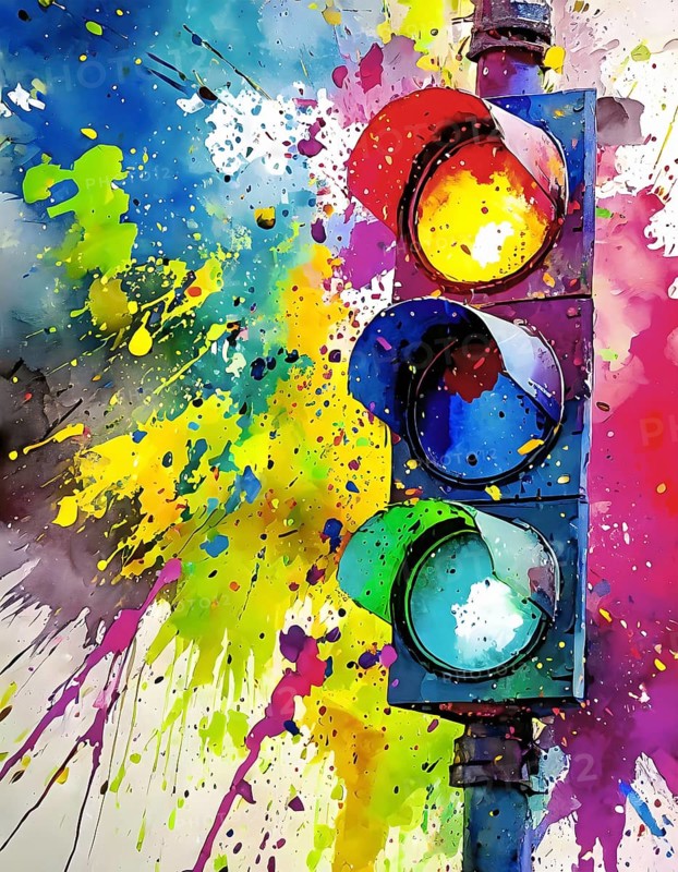 Traffic and signaling theme showing a traffic light in multicolored vibrant splashy ambiance. AI generated image with lots of paint splashes, splatter and spots