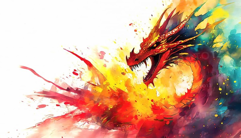 Magical legendary theme showing a fire-drake in multicolored vibrant splashy ambiance. AI generated image with lots of paint splashes, splatter and spots