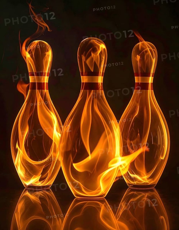 AI generated Image showing fiery bowling pins in dark ambiance