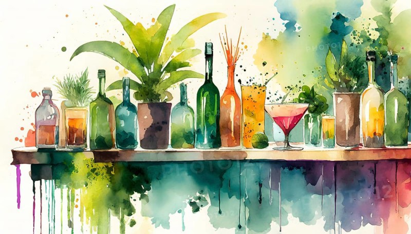 AI generated image showing lots of cocktails, bottles and plants on a board, watercolor style with splashes and spots
