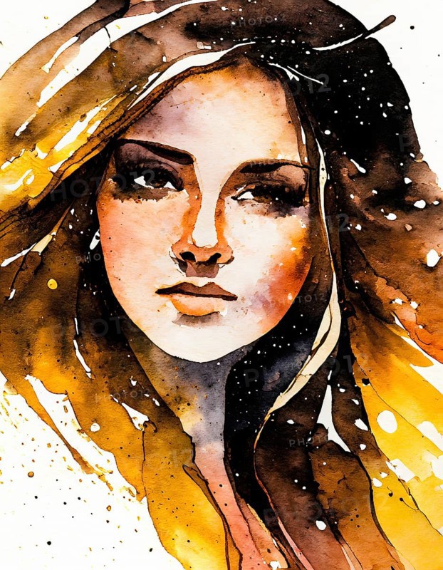 AI generated image showing the portrait of a young woman, watercolor style with splashes and spots
