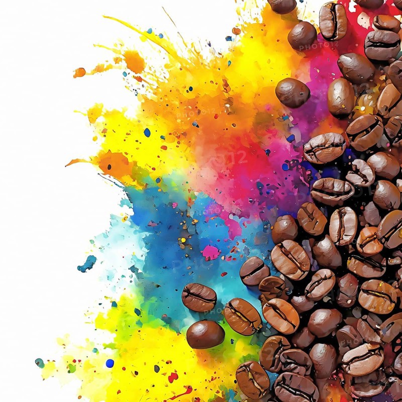 Consumption theme showing coffee beans in multicolored vibrant splashy ambiance. AI generated image with lots of paint splashes, splatter and spots