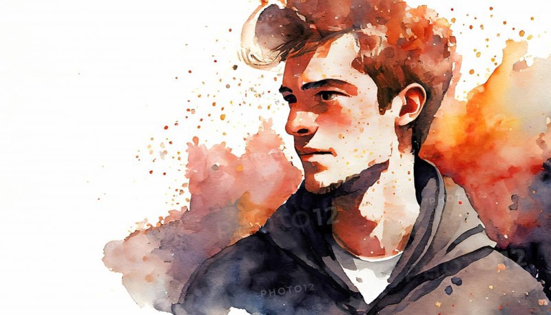 AI generated image showing the portrait of a young man in light back, watercolor style with splashes and spots