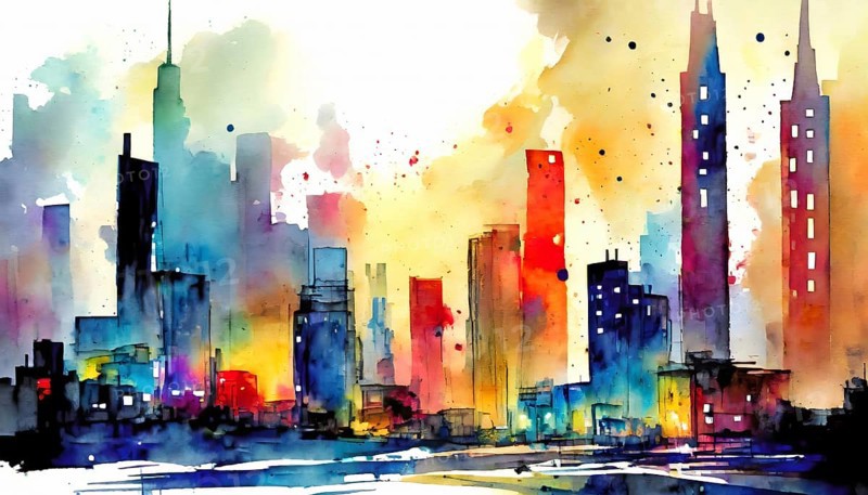 AI generated image showing the colorful illuminated skyline and some houses of a big city, watercolor style with splashes and spots