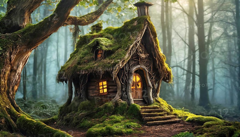 AI generated image showing a dense foggy forest including a mossy overgrown witch house