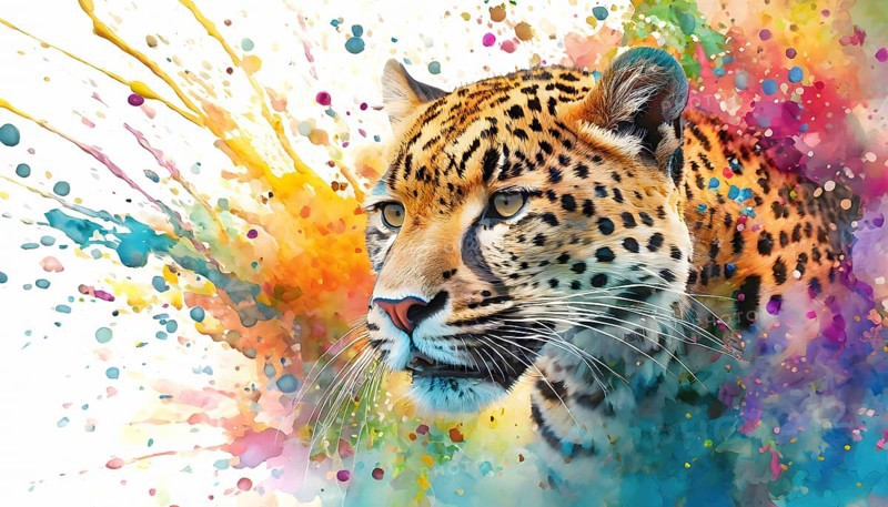 Safari and wildlife theme showing the portrait of a jaguar in multicolored vibrant splashy ambiance. AI generated image with lots of paint splashes, splatter and spots