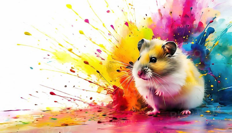 Pet and animal theme showing a hamster in multicolored vibrant splashy ambiance. AI generated image with lots of paint splashes, splatter and spots