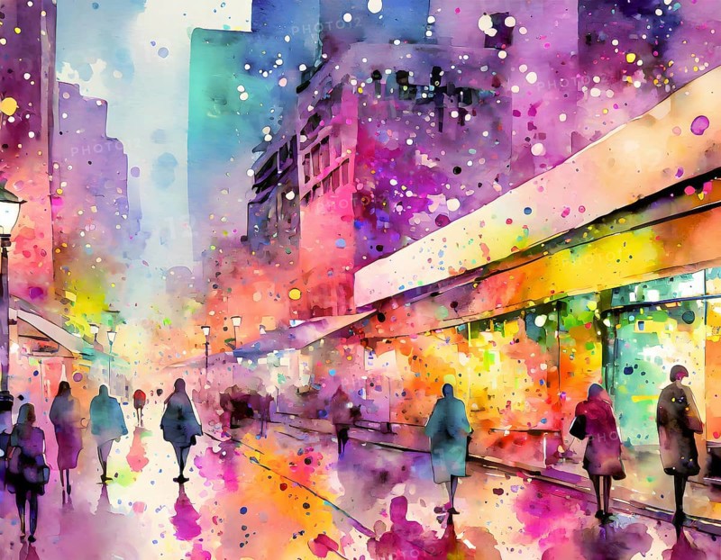 AI generated image showing a vivid illuminated city scenery, watercolor style with splashes and spots