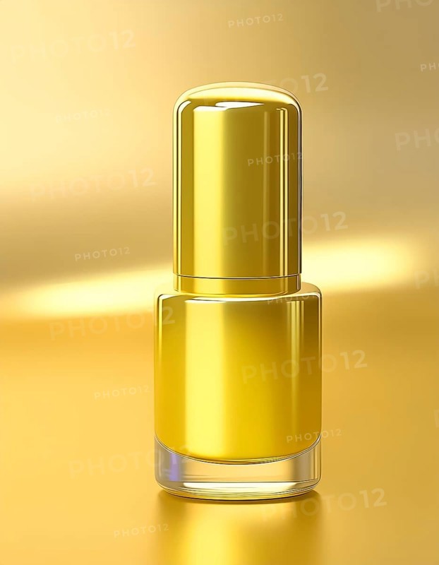 AI generated image showing a golden nail polish flask in golden ambiance