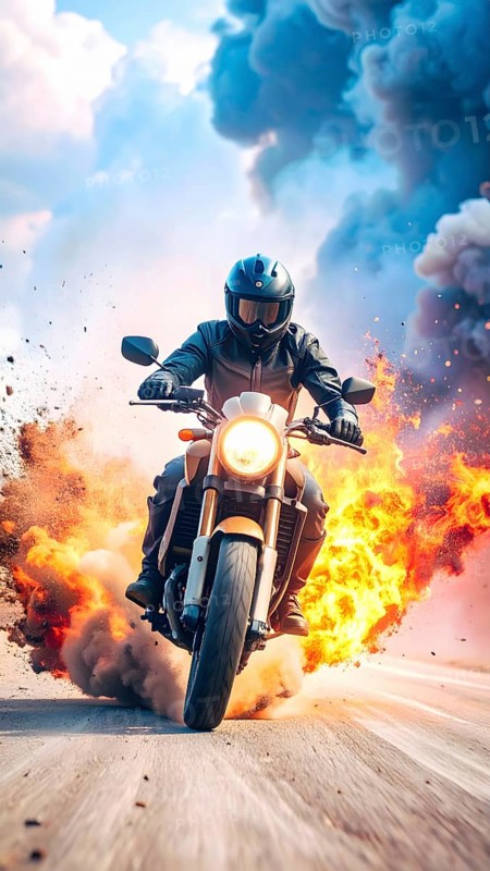Ai generated image showing a driving motorcyclist on the road surrounded by fire and smoke