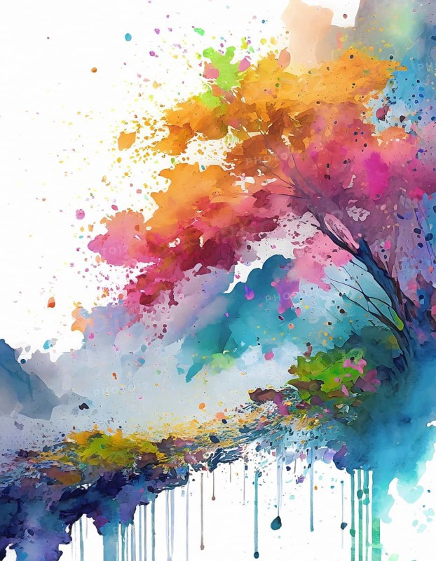 Nature, travel and outdoor theme showing a riparian landscape in multicolored vibrant splashy ambiance. AI generated image with lots of paint splashes, splatter and spots