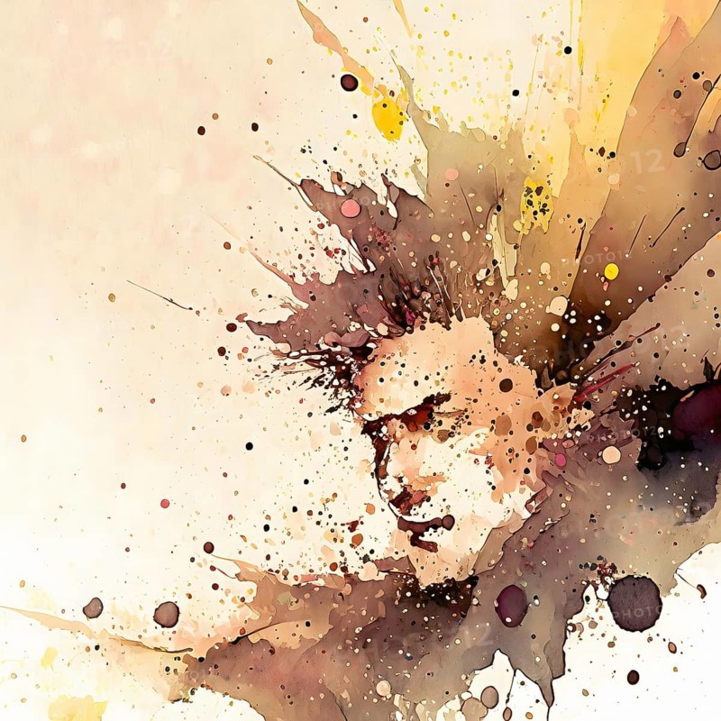 Individuality and identity theme showing a nearly abstract male human face in brown toned vibrant splashy ambiance. AI generated image with lots of paint splashes, splatter and spots