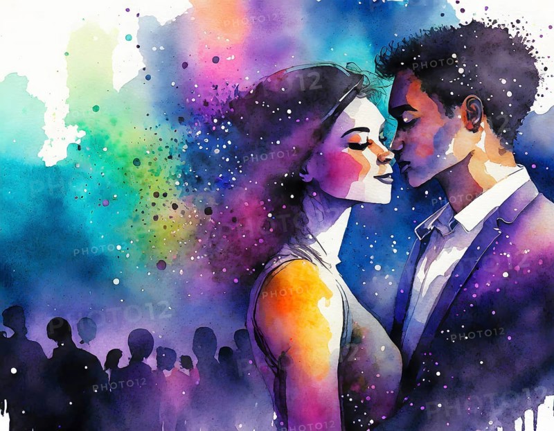 AI generated image showing a couple in a crowd at evening time, watercolor style with splashes and spots