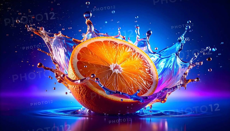 Halved orange fruit in flashy ambiance. AI illustration with light effects and liquid splashes, AI generated