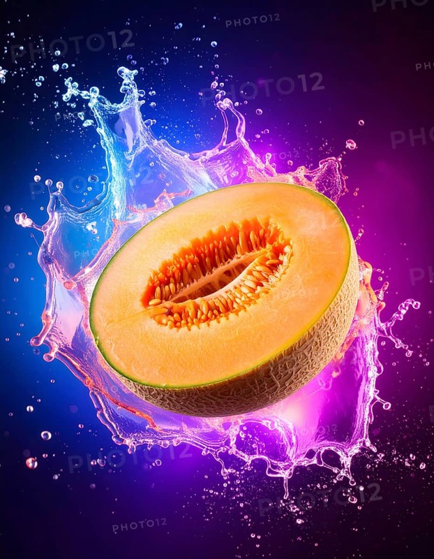 Halved honeydew melon in flashy ambiance. AI illustration with light effects and liquid splashes, AI generated