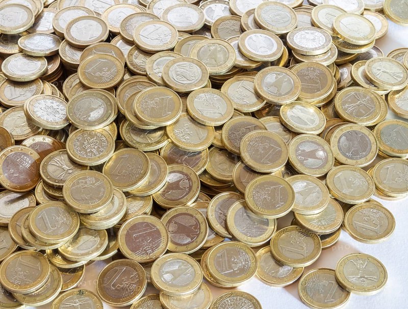 Full frame picture showing lots of 1 euro coins
