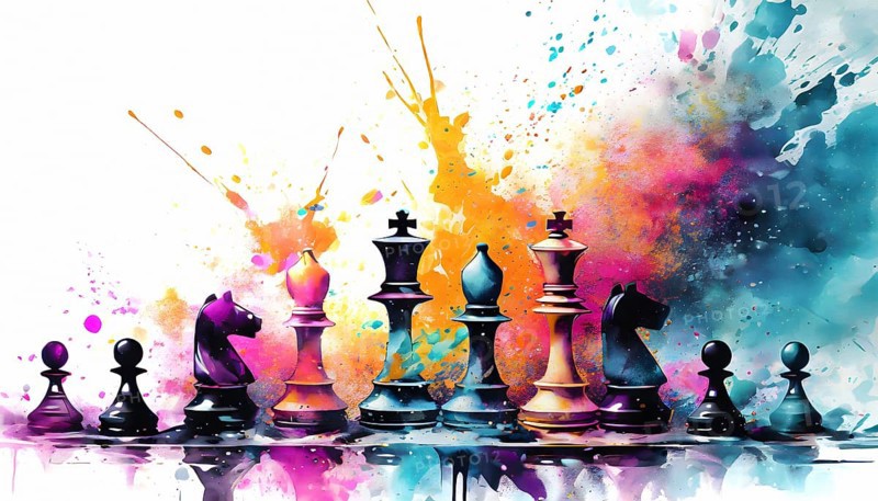 Gaming theme showing some chess pieces in multicolored vibrant splashy ambiance. AI generated image with lots of paint splashes, splatter and spots