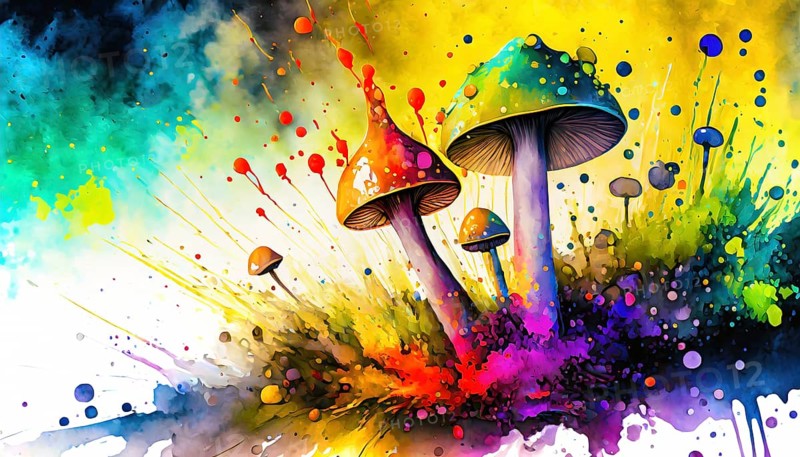 Recreational drugs theme showing some magic mushrooms in multicolored vibrant splashy ambiance. AI generated image with lots of paint splashes, splatter and spots