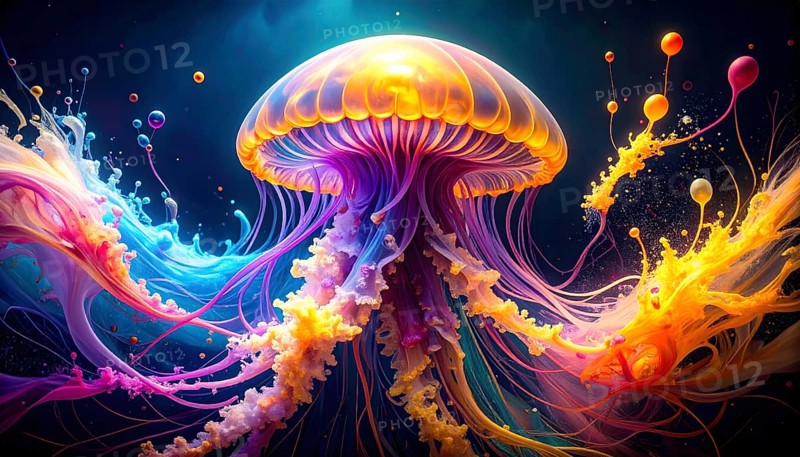 AI generated marine animal and sea life theme showing a floating jellyfish in dark ambiance with colorful bubbles