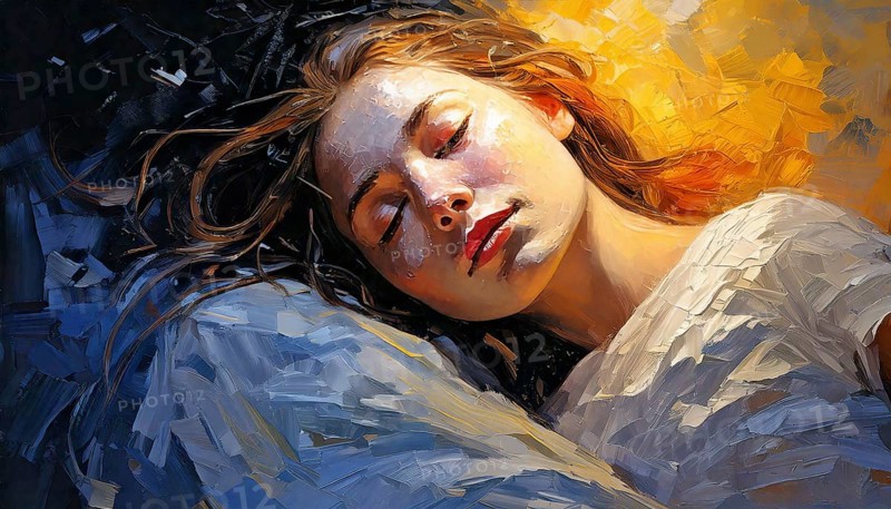 AI generated image showing the portrait of a painted young woman while dreaming with closed eyes