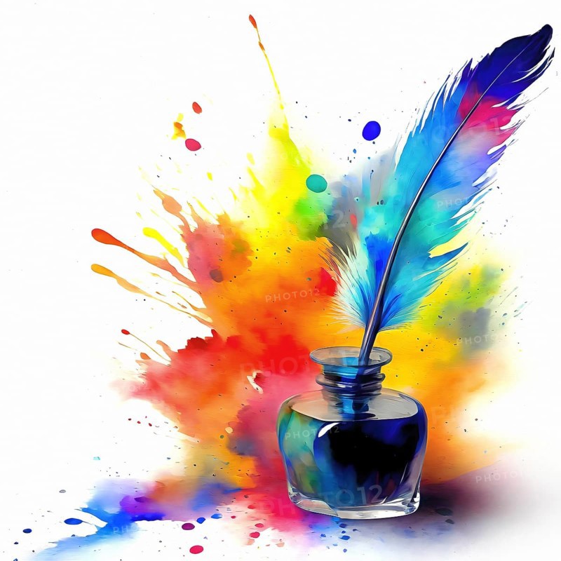 Writing theme showing a inkwell with quill in multicolored vibrant splashy ambiance. AI generated image with lots of paint splashes, splatter and spots