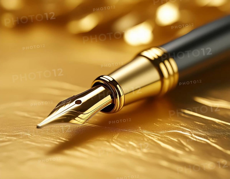AI generated image showing a golden fountain pen closeup in golden ambiance