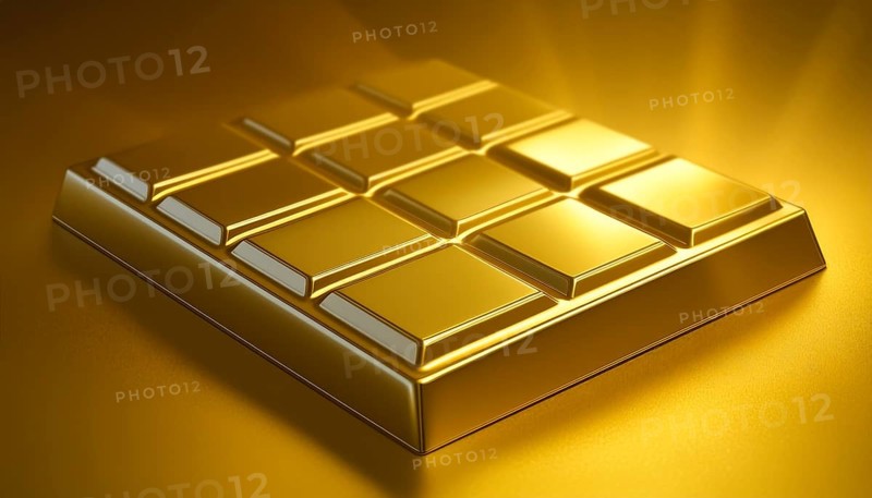 AI generated image showing a golden chocolate bar in shiny ambiance