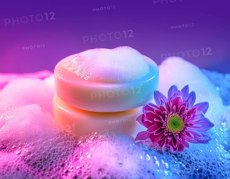 AI generated closeup image showing a colorful illuminated soap bar with decorative blossom and foam