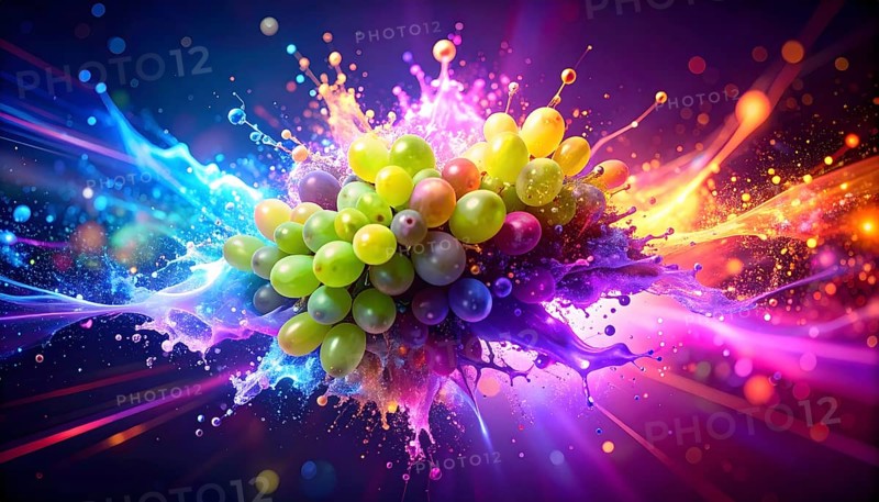 Viticulture and fruit theme showing white and red grapes in multicolored vibrant splashy ambiance. AI generated image with lots of fiery splashes, splatter and spots
