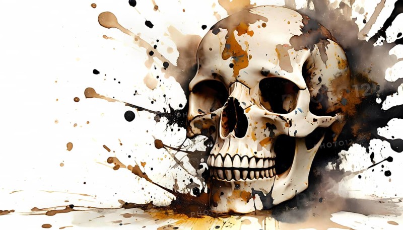 Mortal theme showing a skull in splashy ambiance. AI generated image with lots of paint splashes, splatter and spots