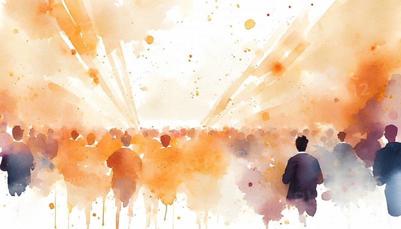 AI generated image showing a colorful illuminated event including audience, watercolor style with splashes and spots