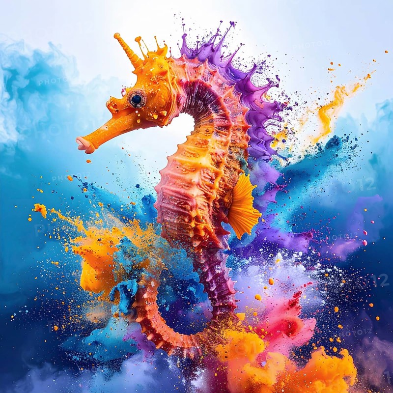 Animal and wildlife theme showing a seahorse in multicolored vibrant splashy ambiance. AI generated image with lots of paint splashes, splatter and spots