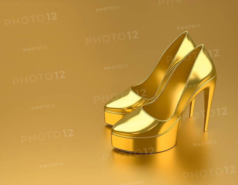 AI generated image showing golden high-heels in golden ambiance