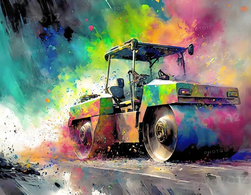 Construction theme showing a road roller in multicolored vibrant splashy ambiance. AI generated image with lots of paint splashes, splatter and spots