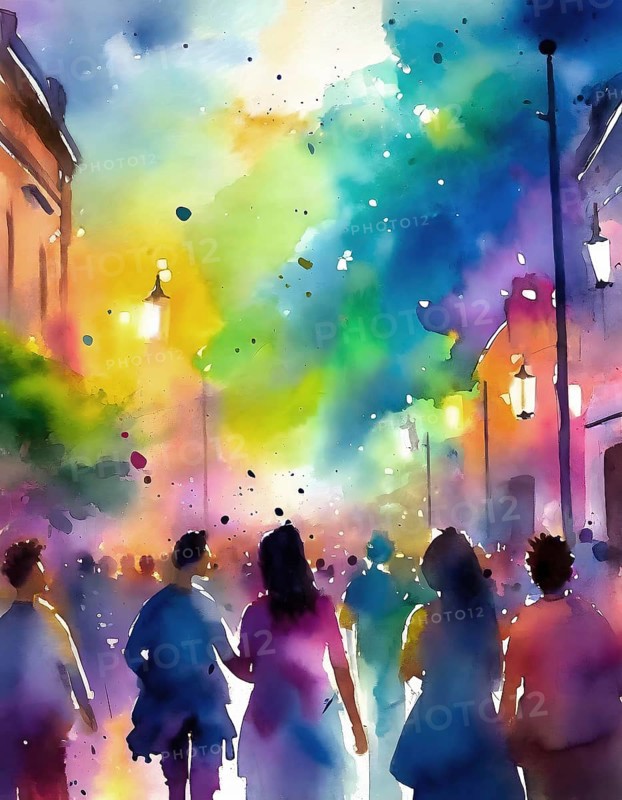 AI generated image showing a colorful illuminated downtown party at evening time, watercolor style with splashes and spots